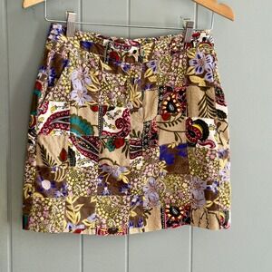 Indie boho patchwork quilt floral mini skirt earthy tones thriftcore sz 4 artsy